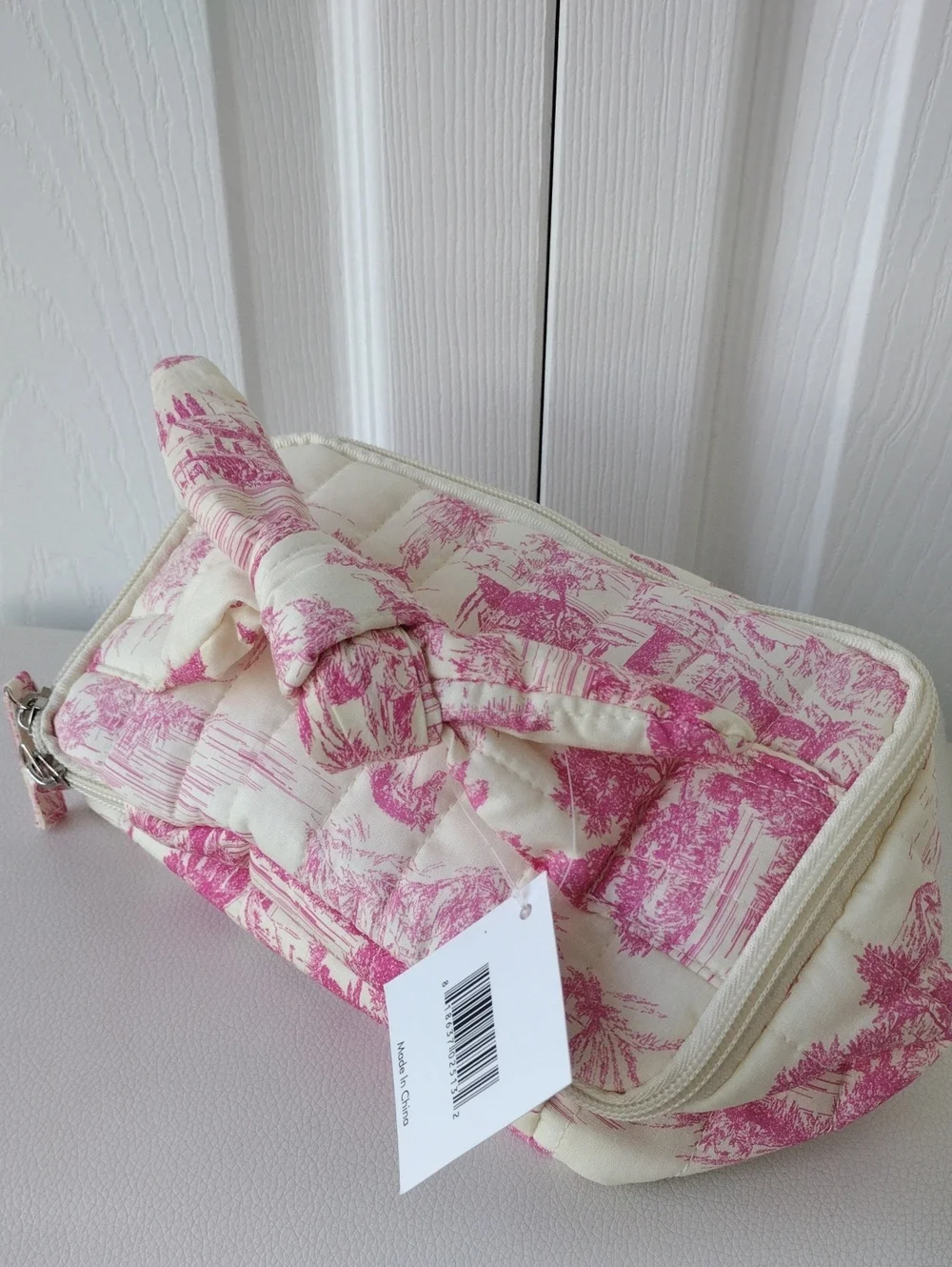 Quilted Cosmetic Bag - Pink and Cream